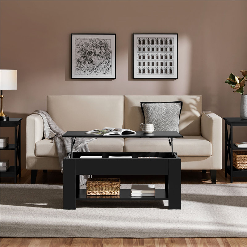 Lift Top Four Leg Coffee Table with Storage, Black, 56cm H x 98cm L x 50cm W
