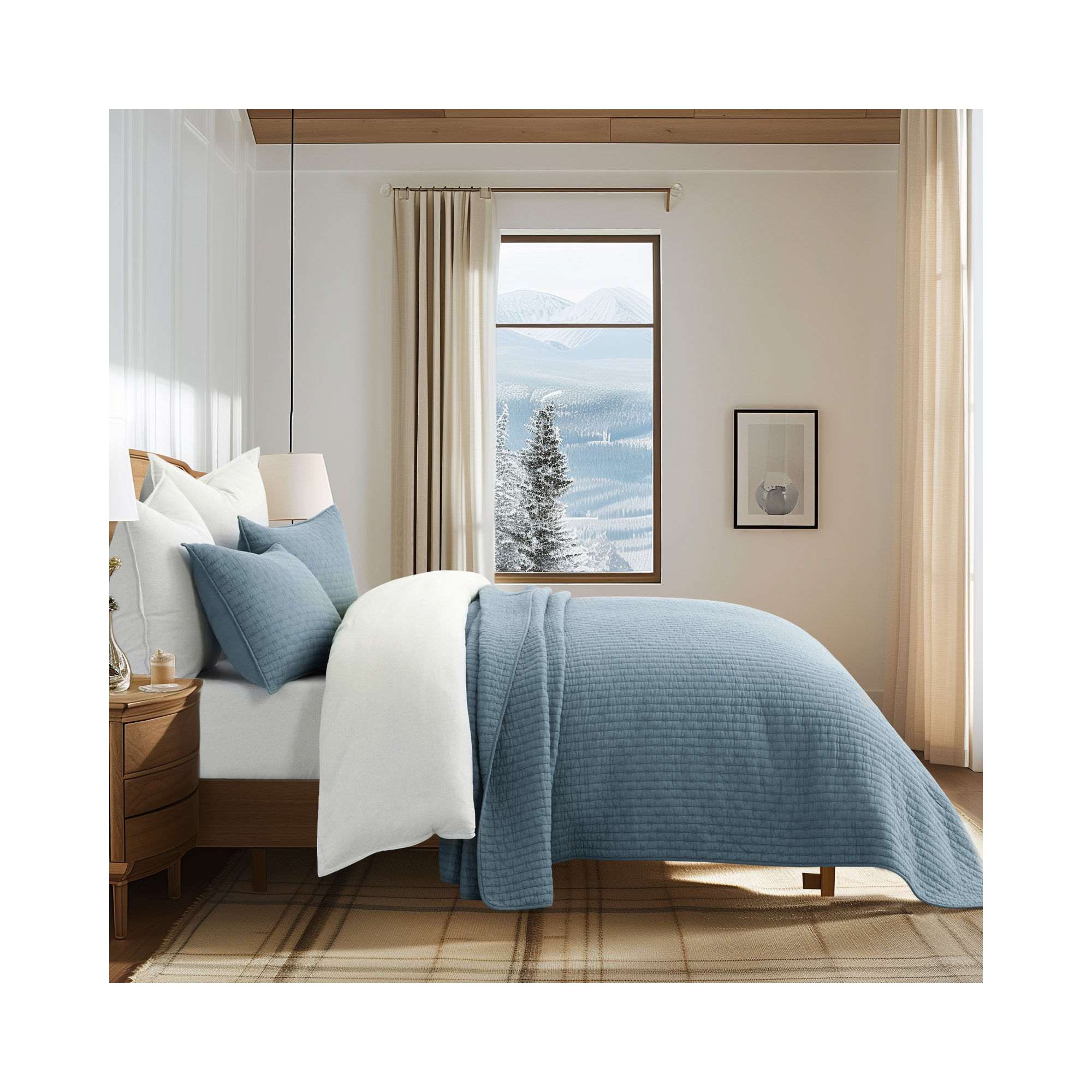 Cross Stitch Cotton Quilt set, Queen, Dusty Blue