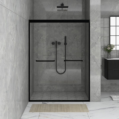 54 In. W X 72 In. H Sliding Framed Shower Door In Matte Black Finish With Clear Tempered Glass