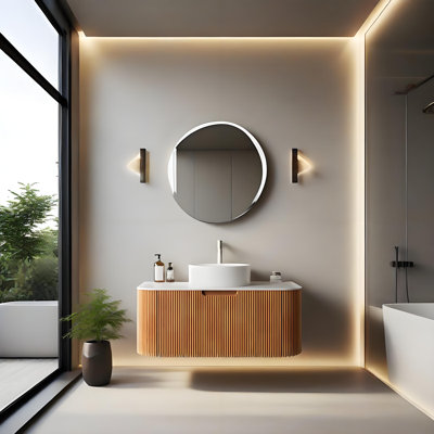 36" Modern Wall-Mounted Floating Bathroom Vanity With Sink,  Curved Edges Striped Bathroom Storage Cabinet With A Drawer, White Round Ceramic Basin Without Faucet, Pre-Assembled, Natural Wood
