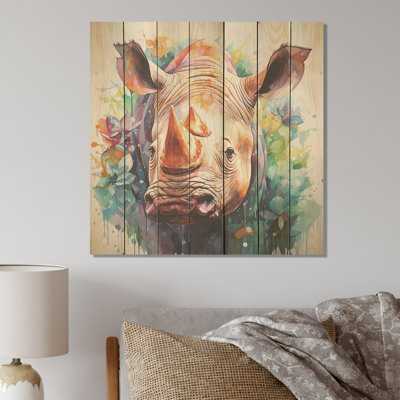 Innocent Rhino Portrait - Rhinoceros On Wood Print