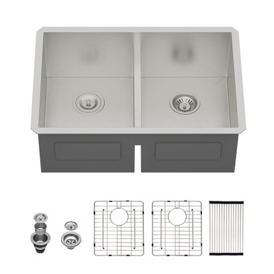 33" Undermount Kitchen Sink 16 Gauge Stainless Steel Double Bowl 50/50, Brushed Nickel