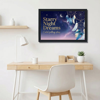 Starry Night Dreams Dreamcatcher And Feather Galaxy Sky Canvas Wrapped Wall Art Oil Painting Print For Bedroom Or Living Room Decor