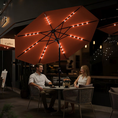9FT Patio Market Umbrella with 32 Solar Powered LED Lights - 8 Ribs, Tilt & Crank, UV-Resistant, Waterproof - Outdoor Garden, Pool, Deck, Backyard, Table Use