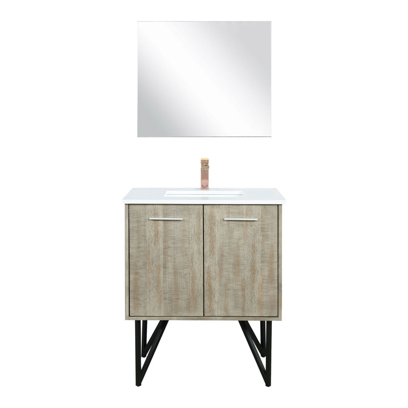 Rustique 30 po W Meuble-lavabo avec comptoir en quartz, robinet en or rose et miroir inclinable réglable de 28 po à large surface blanche, inclus