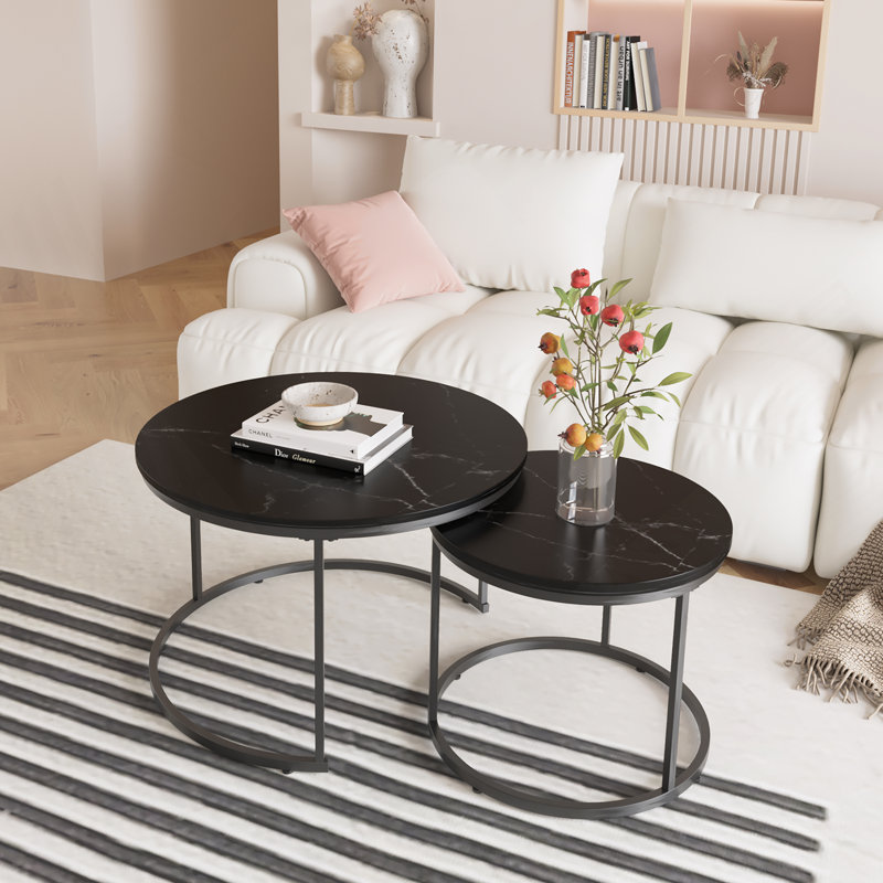 Ensemble de 2 tables basses gigognes élégantes avec plateau en marbre et structure en métal robuste pour une utilisation polyvalente à la maison