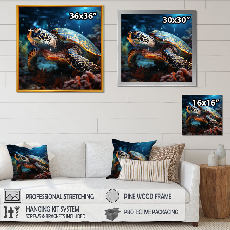 «Abstract Swim I» - Tortue, art mural sur toile, Cadre flottant blanc, H 24 po x l 24 po x P 1 po