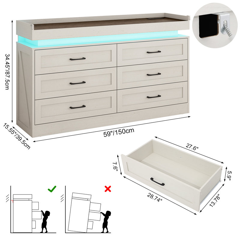 Commode 6 tiroirs avec lumière DEL et station de charge Katrein, Blanc