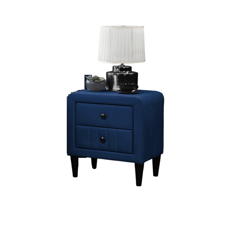 Table de chevet contemporaine en velours bleu marine avec rangement à 2 tiroirs