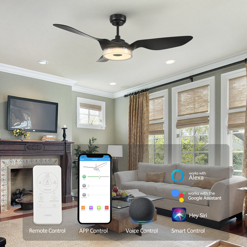 Derita 52" Smart DC Motor Ceiling Fan with LED Lights, Remote Control and Downrod Inculded, Black