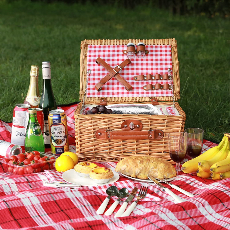Light Picnic Cooler Basket - Complete Service For 2 With Storage Compartment, 27cm H x 38cm W x 18cm D, Red