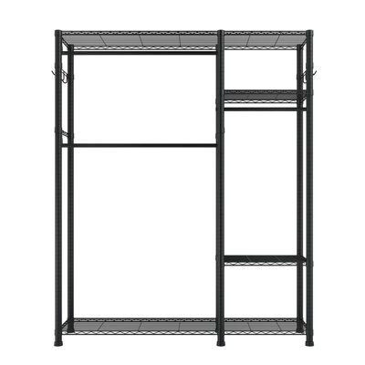 Portant à vêtements robuste en métal autoportant avec tablettes grillagées réglables, trois tiges de suspension et crochets latéraux, organisateur de rangement de vêtements d'une capacité de charge de 800 lb pour la chambre à coucher et le commerce de détail