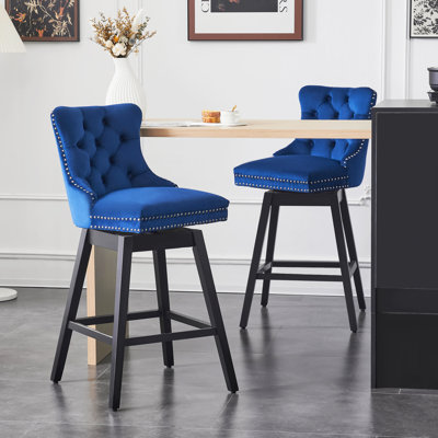 Tabouret de bar pivotant à 360 ° en velours avec dossier, garniture cloutée et pieds robustes en bois massif, fauteuil confortable pour la cuisine, la salle à manger et le restaurant