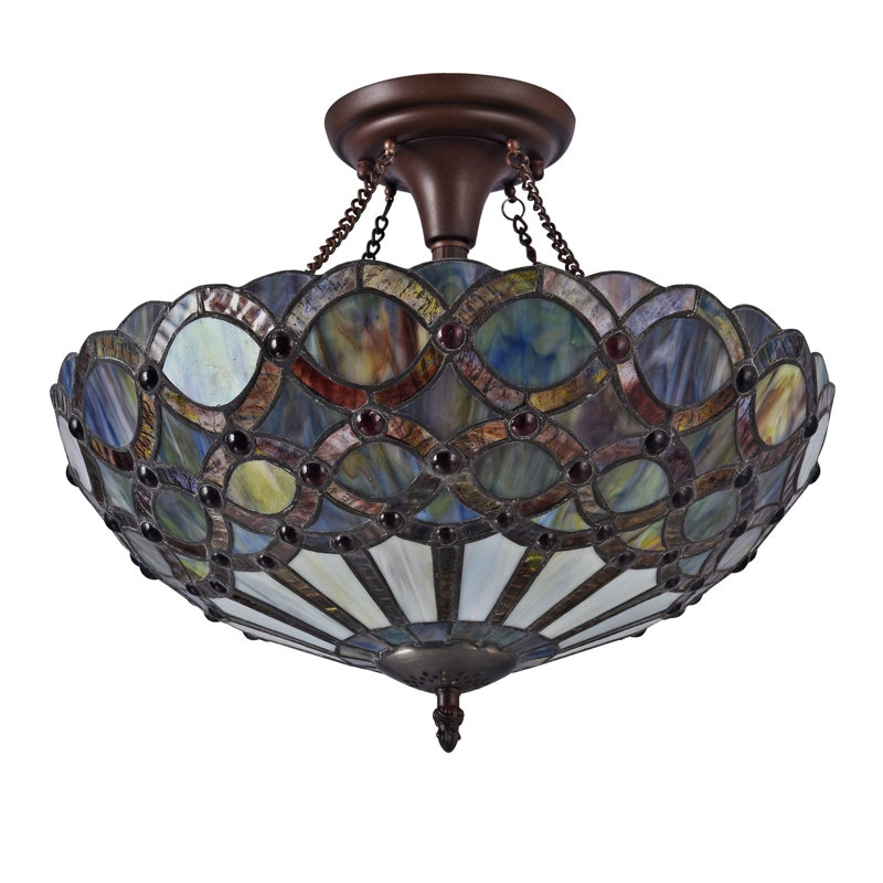 Chloe Lighting PRISMA Semi-Flush Ceiling Fixture – 13.8" H Tiffany-Style Stained Glass 2-Light Ceiling Light with 16" Shade