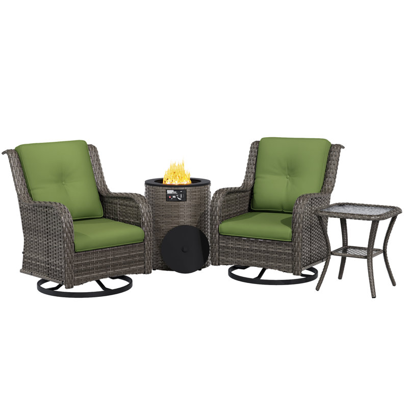 Ensemble de conversation en rotin pour 2 personnes avec table de foyer au propane 2 en 1, 2 chaises pivotantes et coussins verts