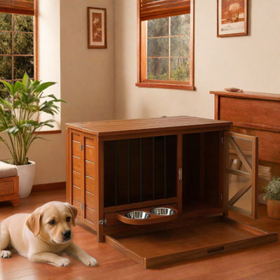 Meuble de caisse pliable en bois pour chien avec mangeoire rotative à 360 ° et plateau amovible