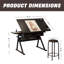 Table de dessin réglable avec 2 tiroirs et tabouret, bureau à domicile noir et poste de travail scolaire
