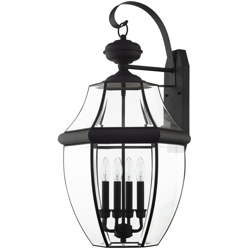 16in 4-Light Outdoor Wall Lantern Pendant with Clear Beveled Glass Shade, Black