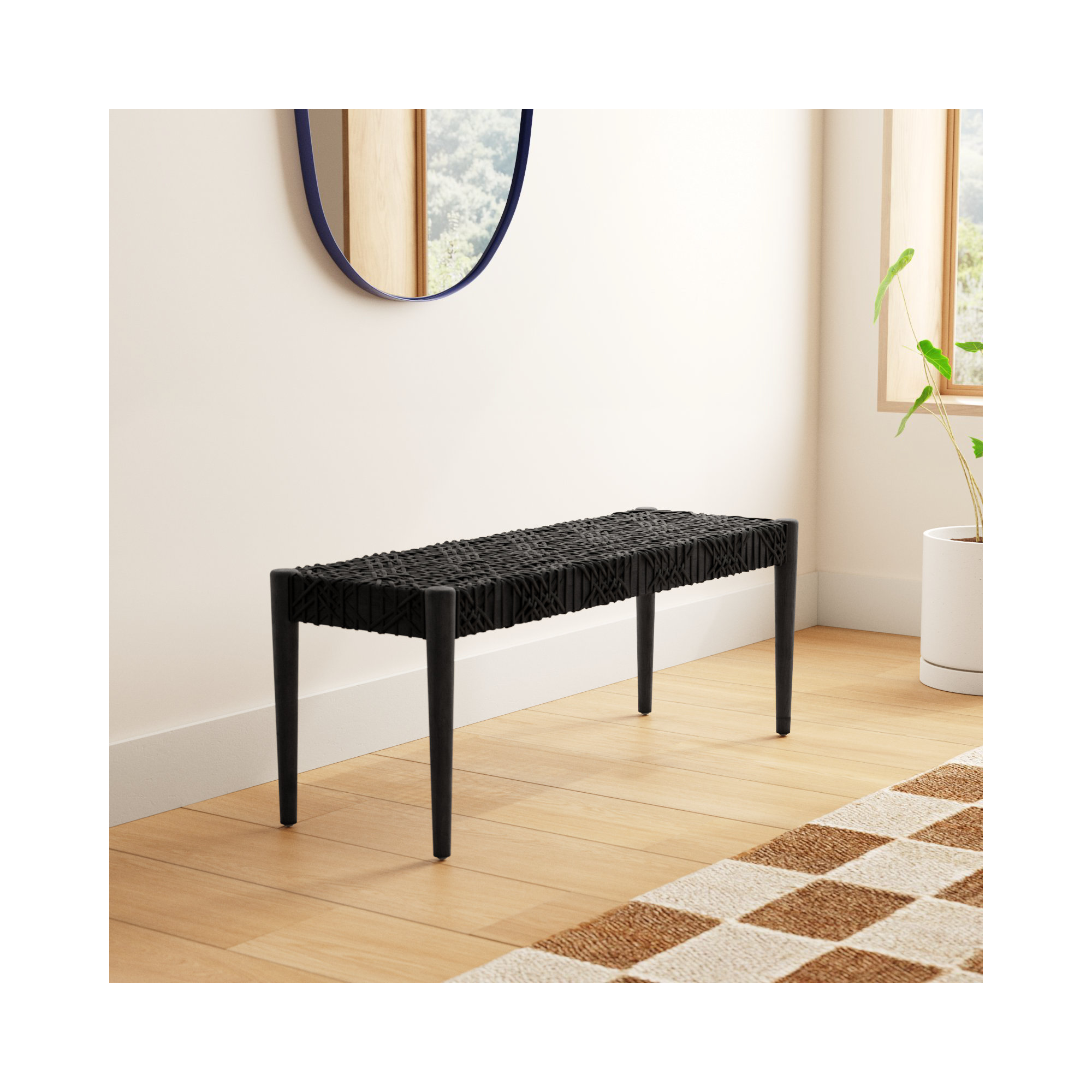 Kazbah 47" Genuine Leather Bench, Black