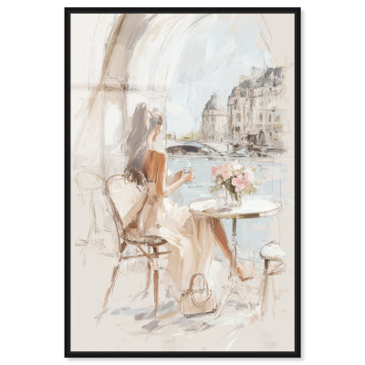Riverside Cafe Framed Acrylic Print Pink Glam Decor by Art Remedy, Black Frame, 24 x 36