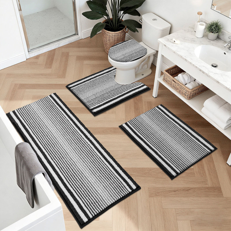 4 Piece Soft Absorbent Chenille Bath Rug Set With Non-Slip Backing (Set Of 4), Black/White