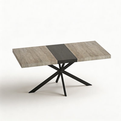 55.11‑70.86‑inch vintage expandable rectangular dining table. Grey Carroll‑style tabletop, black embossed center panel, fine‑textured black cross‑patt