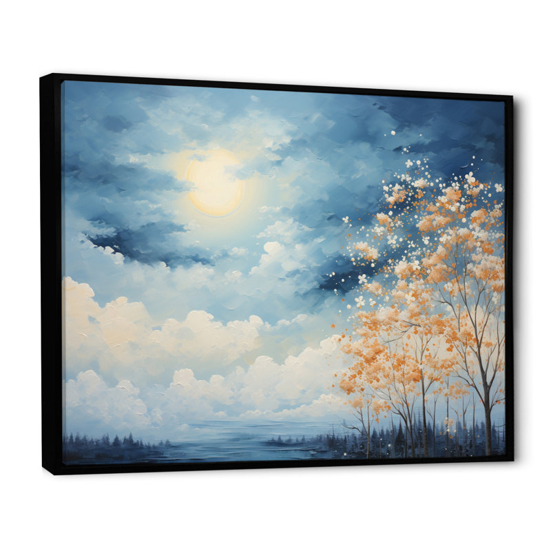 Nuage canopée pointillisme paysage I - paysages, art mural sur toile, Cadre flottant noir, H 16 po x l 32 po x P 1 po