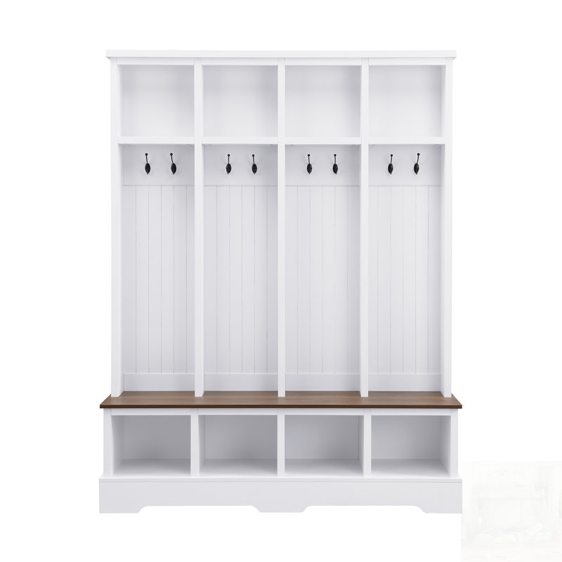 Farmhouse Hall Tree With 8 Hooks, Practical Entryway Bench With Open Compartments, Modern 3-In-1 Wooden Style Coat And Shoe Rack For Mudroom, Living Room