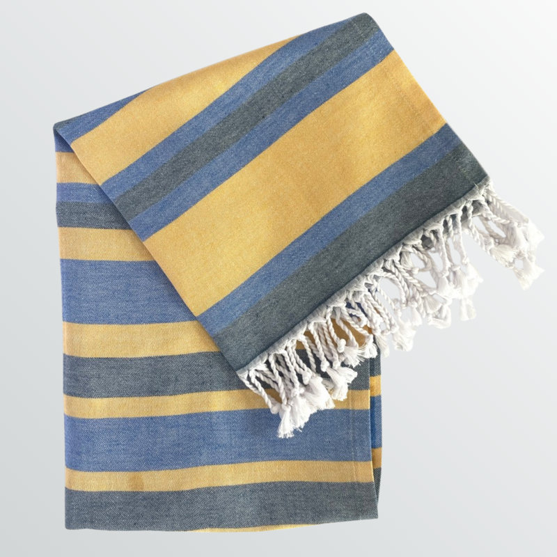 Jeté en 100% coton, Bleu / jaune rayé, L 38,8 po x l 70,77 po