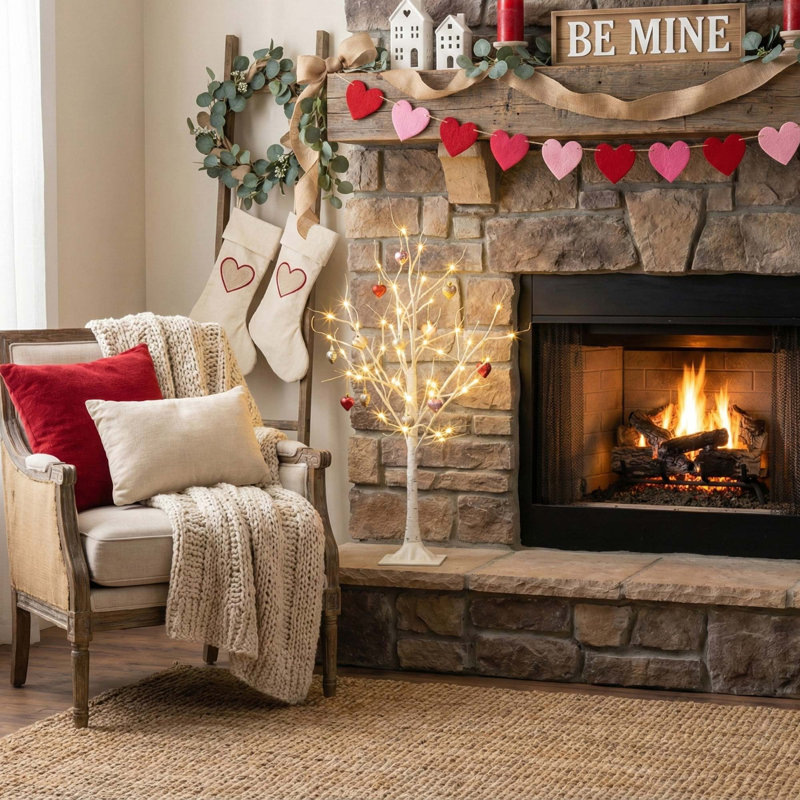 3 pi Arbre de Noël artificiel pré-éclairé avec 40 lumières DEL blanc chaud et ornements en forme de cœur, H 36 po x l 21 po