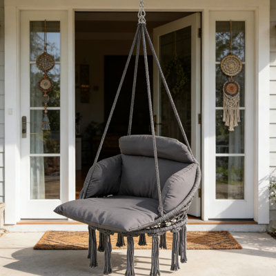 Outdoor Swing, Large Soft Padding For Neck, Back, Arms And Legs, 320 Gsm - Cotton Fabric, Safe Steel Frame, Effortless Hanging, Fringe Decoration, 265 Lbs Load Capacity, Dark Gray Hanging Chair
