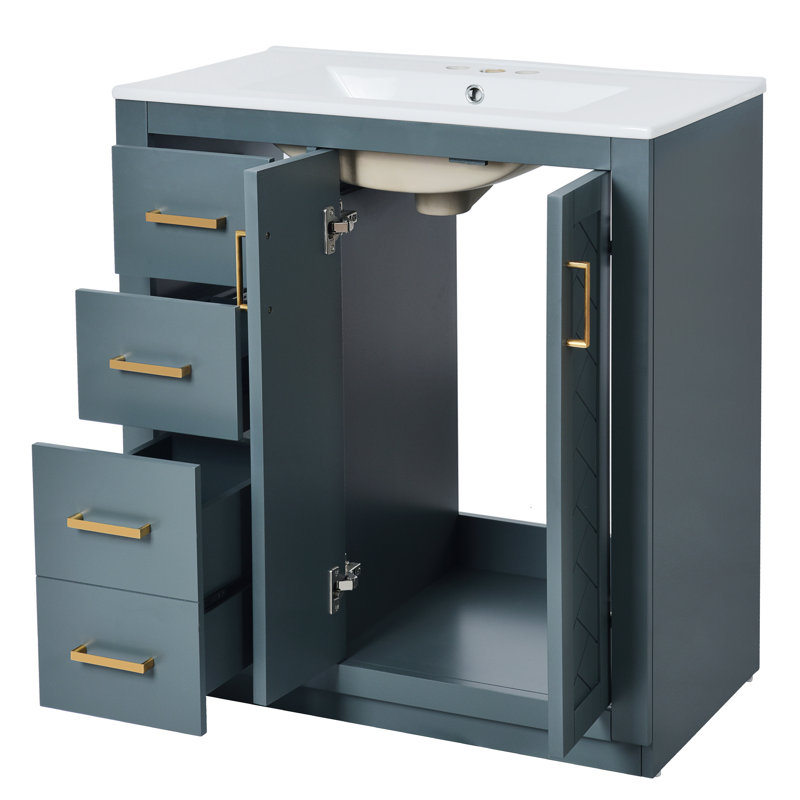 Meuble-lavabo en céramique de 76 cm (30 po) - Structure et panneaux en bois massif, 3 tiroirs spacieux et une armoire de rangement - Bleu - 2 portes - Unité de rangement fonctionnelle