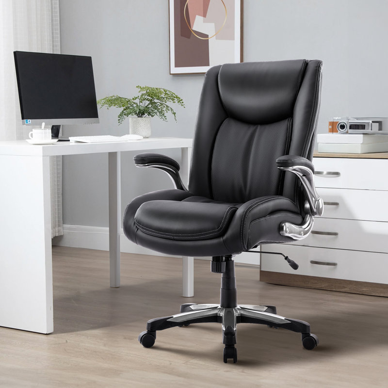 181kg Capacity  Ergonomic PU Leather Office Chair, Adjustable Lumbar Support & Flip-Up Arms, Black