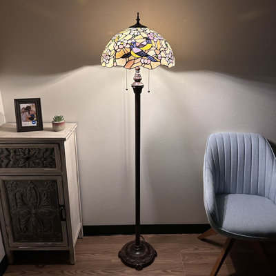 Shelli Tiffany Floor Lamp Stained Glass Magpie Birds Cherry Blossoms Metal Base LED Bulbs Included 64"H*16"W*16"D