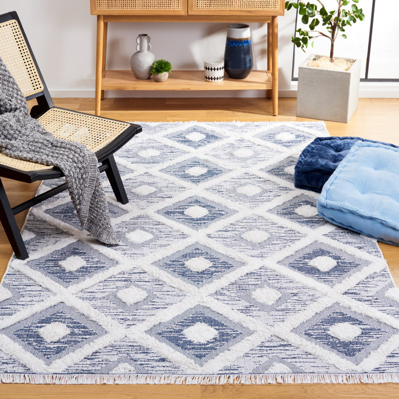 Tignall Geometric Area Rug in Navy / Ivory, Rectangle 5' x 7'7"