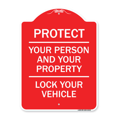 Enseigne Signmission Designer Series - Protégez votre personne et votre propriété en verrouillant votre véhicule | Panneau architectural rouge et blanc en aluminium de gros calibre 18 po x 24 po | Protégez votre entreprise | Fabriqué aux États-Unis