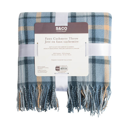 Plaid en imitation cachemire doux, à carreaux bleus et beiges, 127 x 152 cm - Plaid décoratif en maille confortable avec franges pour canapé, sofa ou lit - Lavable à la machine