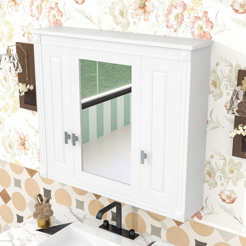 Armoire à pharmacie murale à miroir de salle de bain avec tablettes réglables et 3 portes, Blanc