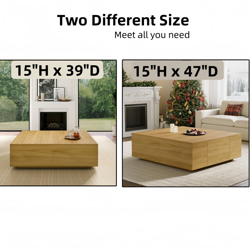Fully Assembled Wood Square Coffee Table, 15" H x 39" L x 39" W