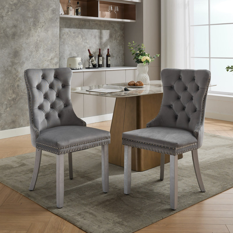 Chaises capitonnées Allena , Argent, Velours gris, 2