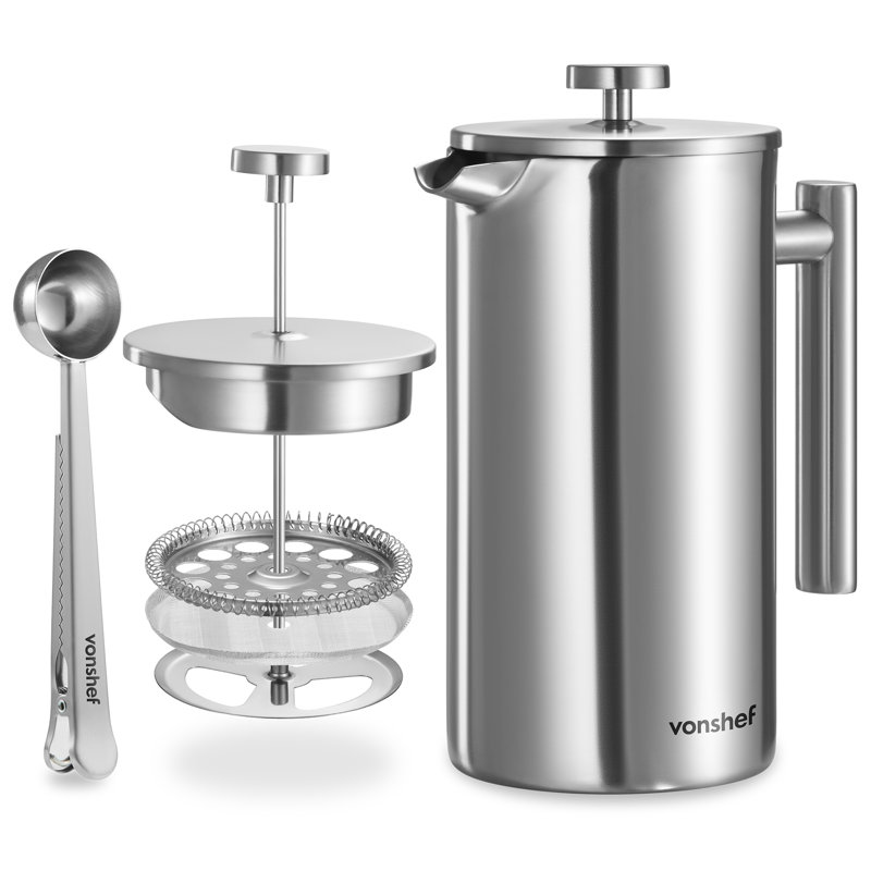 VonShef 6 Cup Cafetiere, Silver, 1.5 L