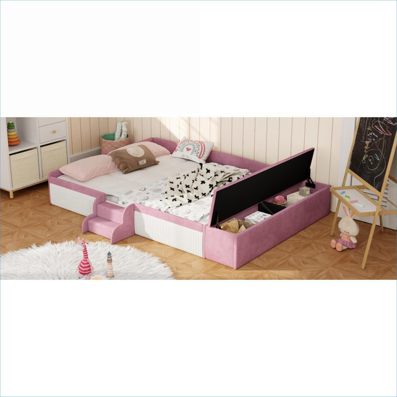 Grand lit de jour rembourré en velours grand format, design contrastant avec repose-pieds avec rangement et escalier facile, rose et blanc doux