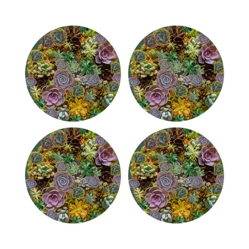 Succulents Evergreen Vegan Leather Round Coasters, Evergreen