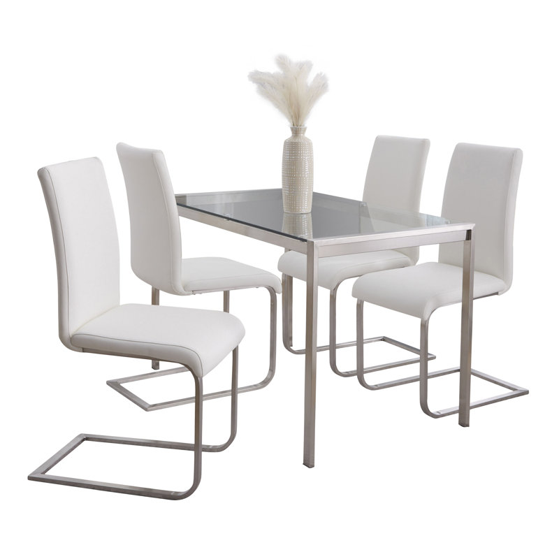 4 - Person Glass Top Four Leg Dining Set, White