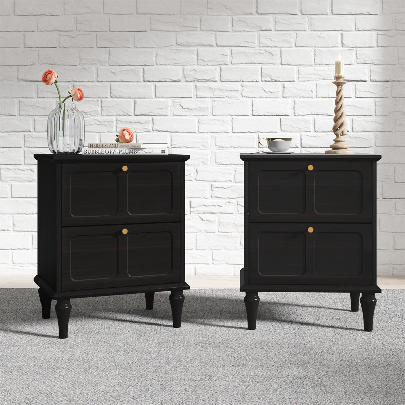 Mid-Century Modern Nightstands with 2 Drawers, Wood End Table (Set of 2), Black
