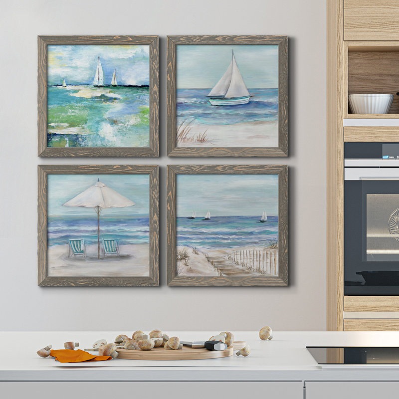 Jour sur le lac - Ensemble de 4 peintures sur toile encadrées, Toile encadrée, gris