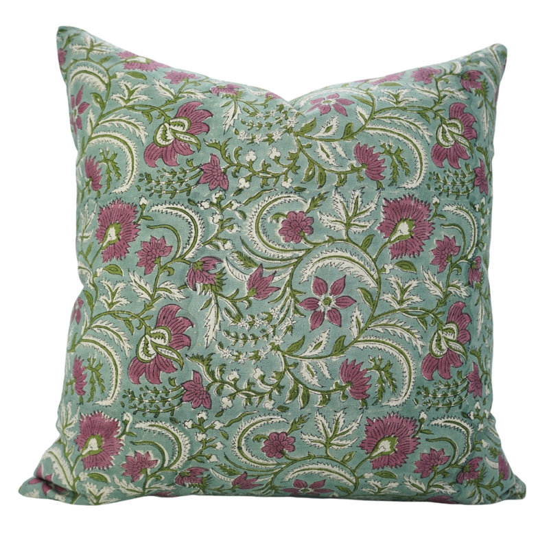 Housse de coussin en lin pur à motif de Fab Fabine, turquoise, Kundanvan, H 24 po x l 24 po, Carrée