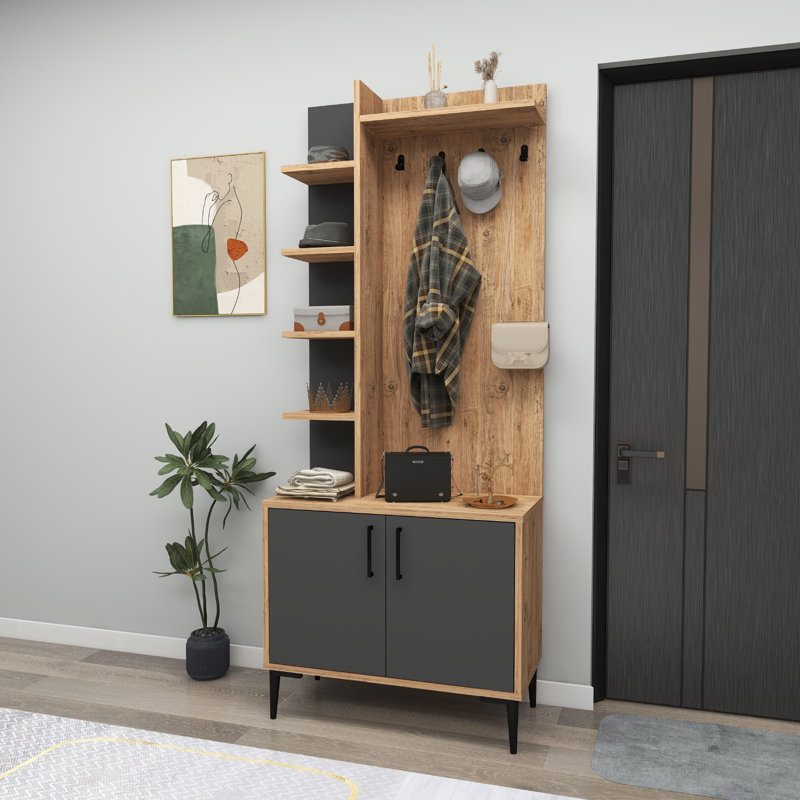 Modern Hall Stand with Multiple Shelves, Atlantic Pine & Anthracite, 29.3 x 72.0 x 13.0 inches | 100% Melamine Coated Particle Board, Wall-Mountable | Stylish Storage Solution for Entryway & Living Space