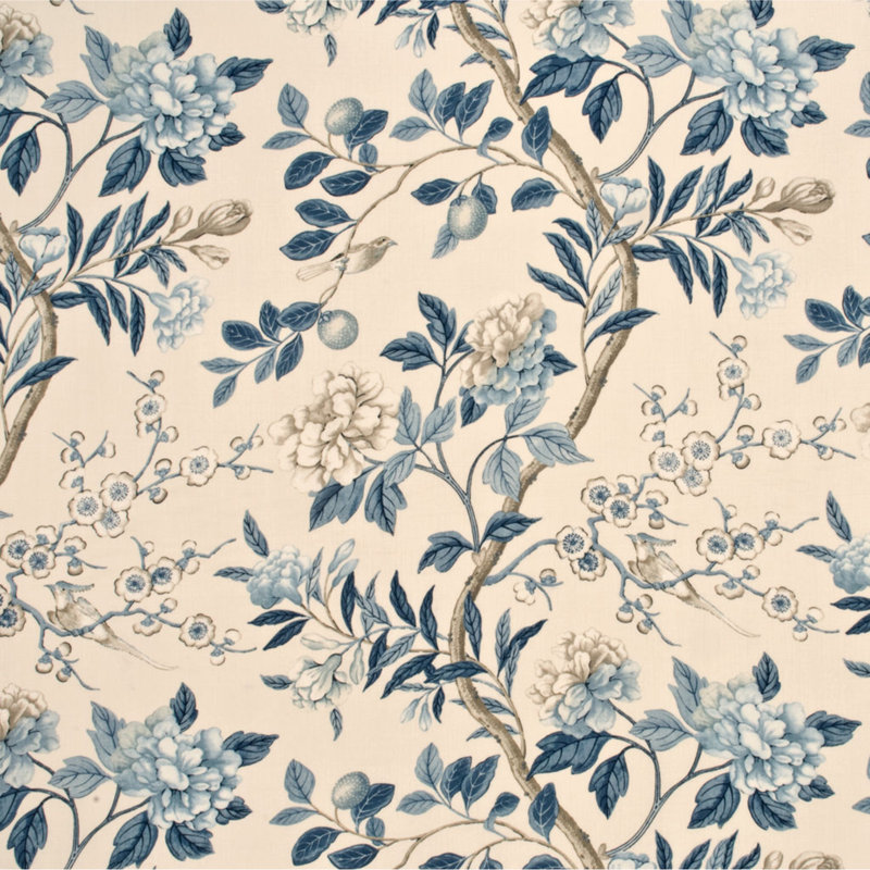 Emperor'S Garden 100% Linen Fabric, Blue/Cream