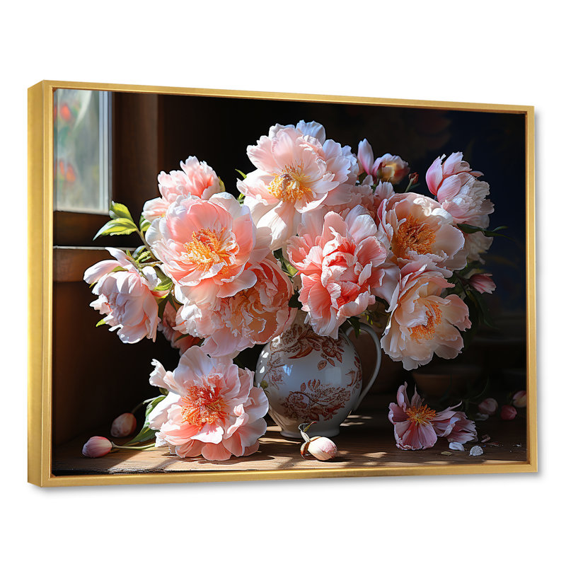 Reproduction d'art sur toile, pivoines roses, nature morte III, Cadre flottant doré, H 34 po x l 44 po x P 1,5 po